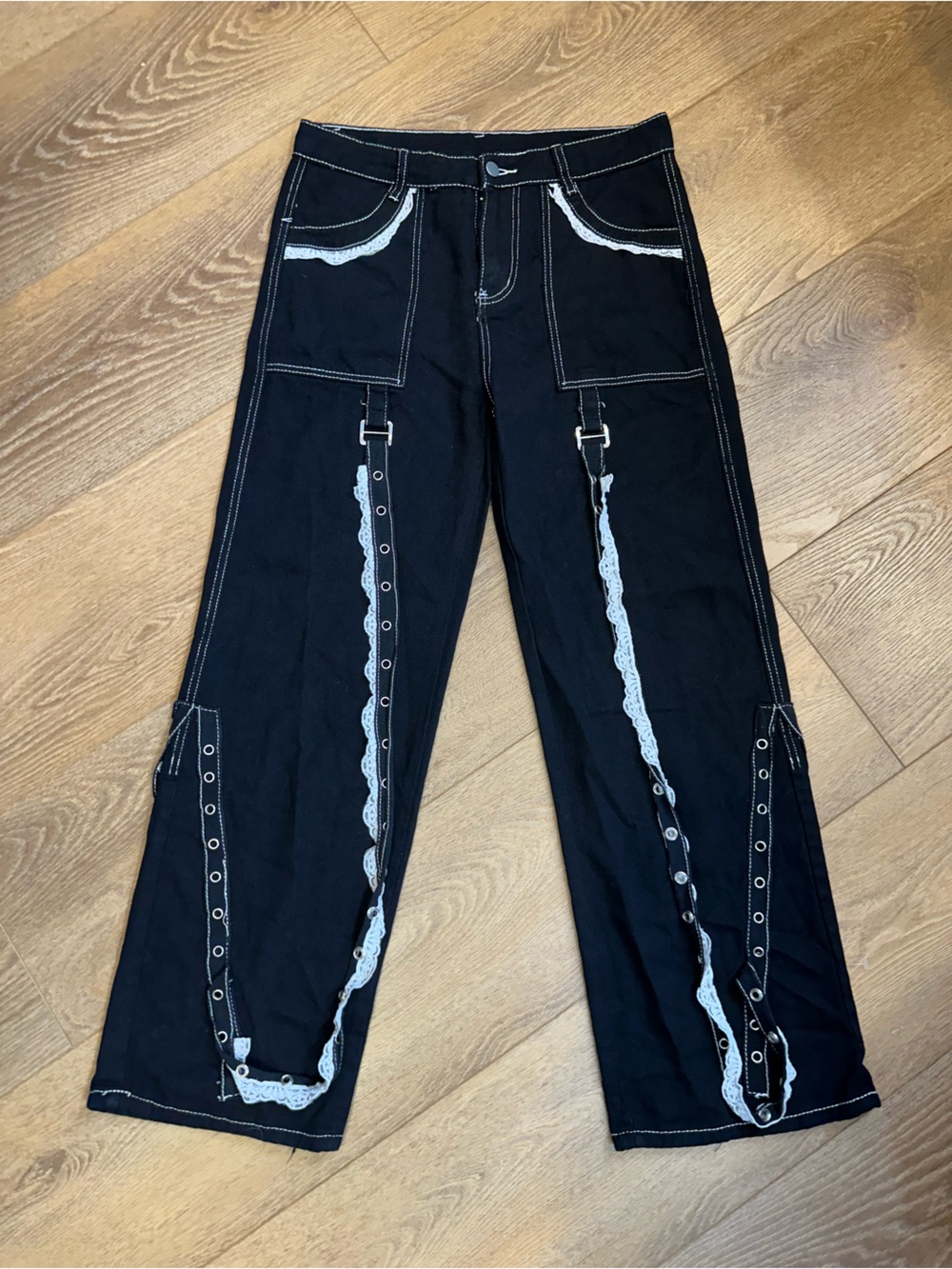 Black Women’s Lace-Trim bondage pant L goth punk festival